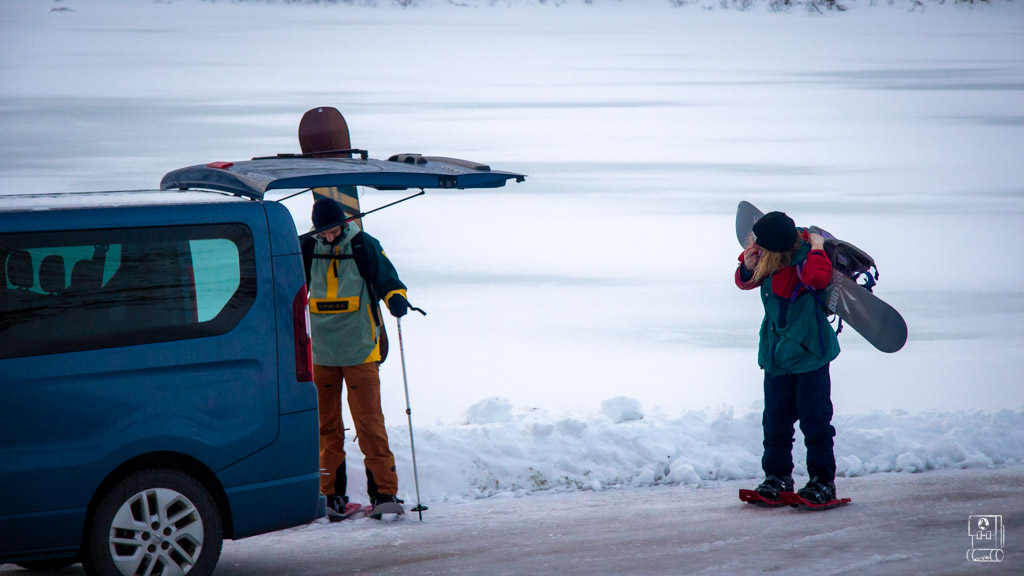 Guided tour dropping their guests off at the trail head for ski touring in Lofoten.