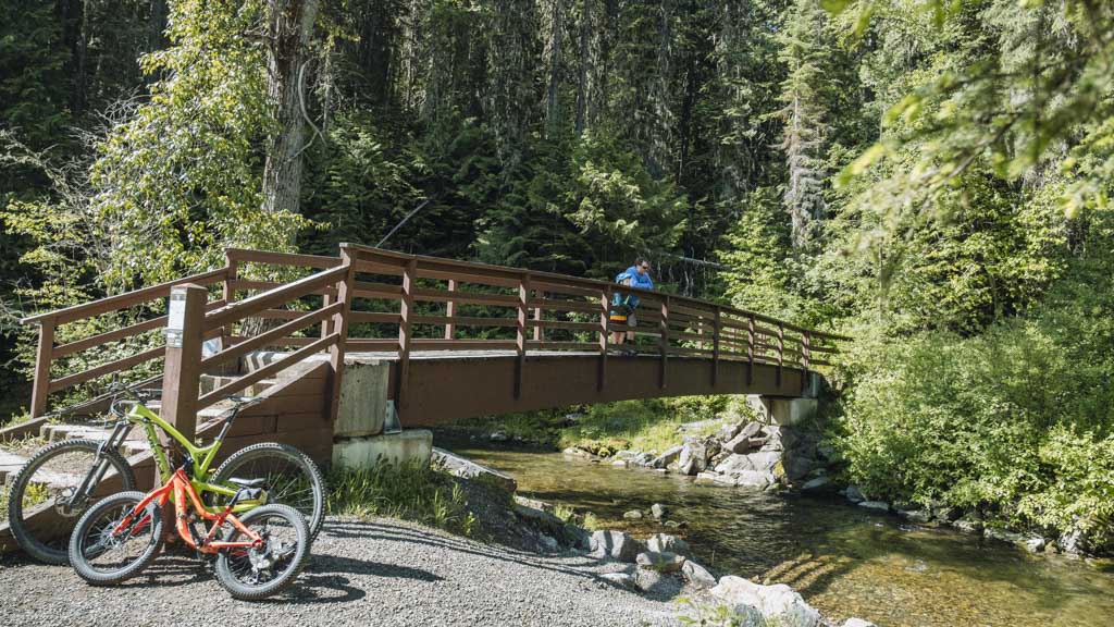 Wooden bridge crossing stream on Fernie mountain bike trails, with mountain bike parked in foreground and dense forest surroundings typical of British Columbia singletrack