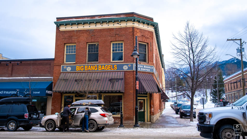 Big Bang Bagels, a local favorite among Fernie restaurants, located in a historic red brick building on snowy downtown corner