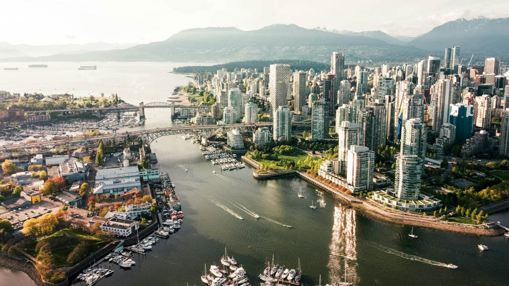 Aerial view of Coal Harbour and downtown Vancouver skyline demonstrating where to stay in Vancouver with waterfront access
