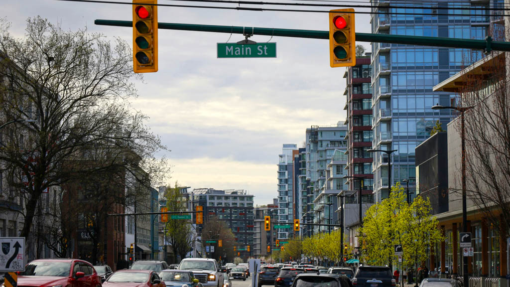 Main Street in Vancouver showing modern condos and urban neighborhood